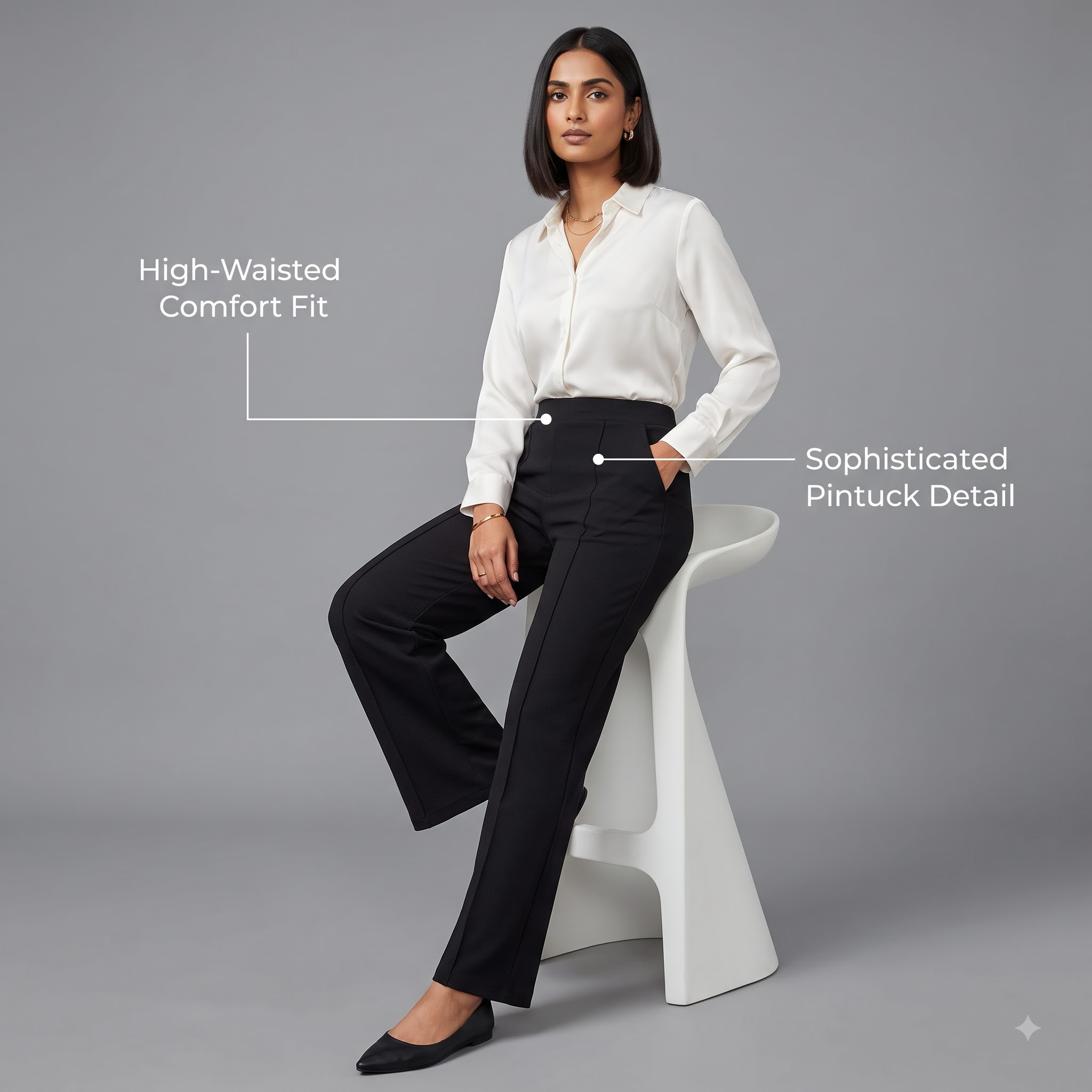 Solid Black MEILIN Women's Premium High-Waisted Wide Leg Trousers with Slant Pockets - Image 1