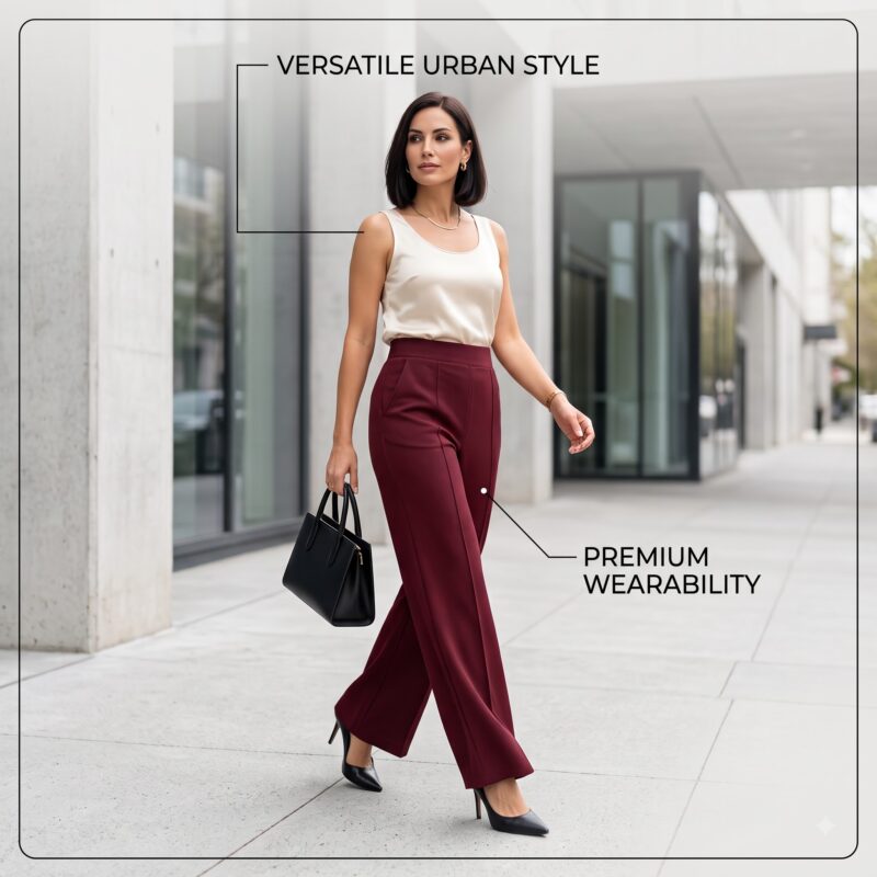Woman wearing elegant burgundy high-waisted trousers with a sophisticated.